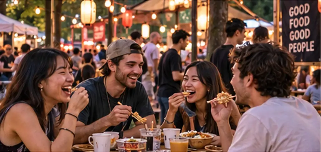 Vrienden eten samen op het festival